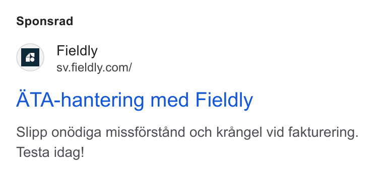 Fieldly ad on Google Ads: Sponsrad ATA-hantering med Fieldly Slipp onédiga missférstand och krangel vid fakturering. Testa idag!