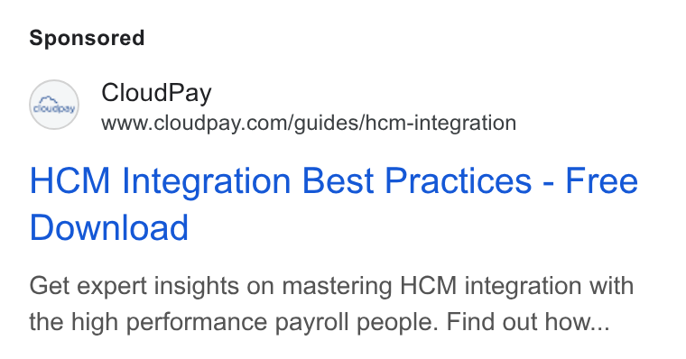CloudPay ad on Google Ads: HCM Integration Best Practices - Free Download Get expert insights on mastering HCM integration with the high performance payroll people. Find out how...