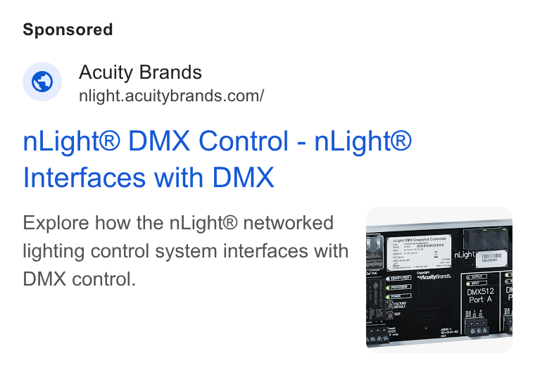 Acuity Brands ad on Google Ads: n Light® DMX Control - n Light® Interfaces with DMX Explore how the n Light® networked lighting control system interfaces with DMX control.