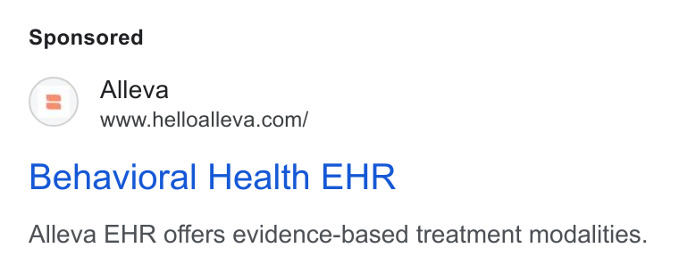 Alleva ad on Google Ads: Behavioral Health EHR Alleva EHR offers evidence-based treatment modalities.