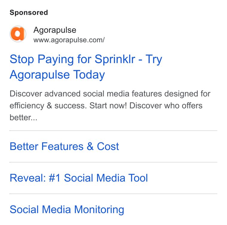 Agorapulse ad on Google Ads: Stop Paying for Sprinkir - Try Agorapulse Today Discover advanced social media features designed for efficiency & success. Start now! Discover who offers better... Better Features & Cost Reveal: #1 Social Media Tool Social Media Monitoring