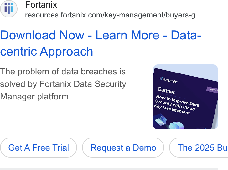 Fortanix ad on Google Ads: Download Now - Learn More - Data- centric Approach The problem of data breaches is solved by Fortanix Data Security Manager platform. Get A Free Trial Request a Demo } ( The 2025 Bu