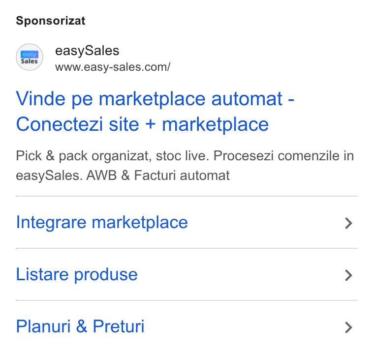 easySales Global ad on Google Ads: Sponsorizat Vinde pe marketplace automat - Conectezi site + marketplace Pick & pack organizat, stoc live. Procesezi comenzile in easy Sales. AWB & Facturi automat Integrare marketplace > Listare produse > Planuri & Preturi >