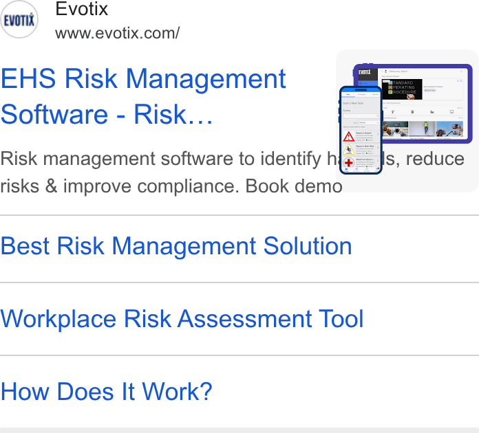 Evotix ad on Google Ads: EHS Risk Management Software - Risk... Risk management software to identify hie: risks & improve compliance. Book demo ee Best Risk Management Solution Workplace Risk Assessment Tool How Does It Work?