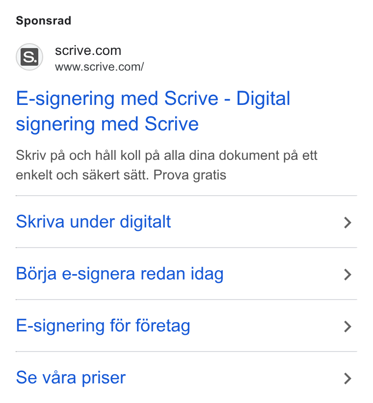 Scrive ad on Google Ads: www.scrive.com/ E-signering med Scrive - Digital signering med Scrive Skriv pa och hall koll pa alla dina dokument pa ett enkelt och sakert satt. Prova gratis Skriva under digitalt Borja e-signera redan idag E-signering for foretag Se vara priser