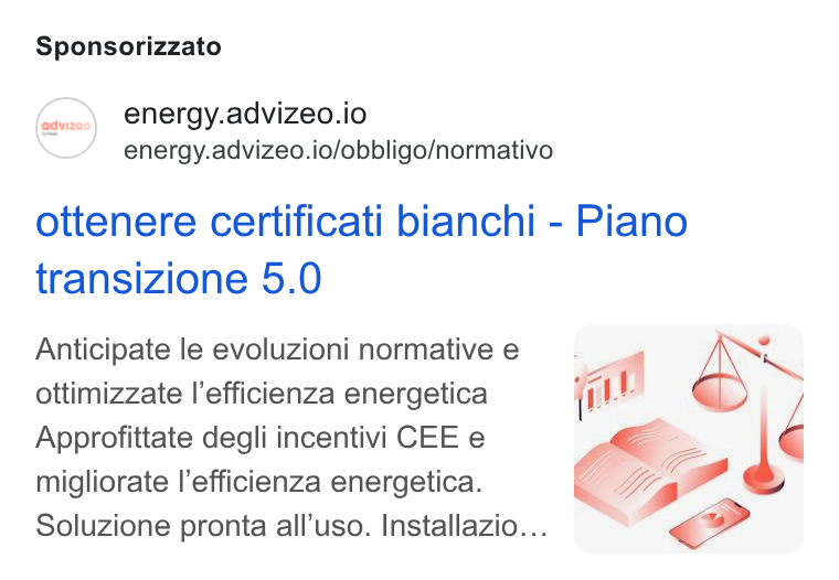 advizeo ad on Google Ads: Sponsorizzato energy.advizeo.io energy.advizeo.io/obbligo/normativo ottenere certificati bianchi - Piano transizione 5.0 Anticipate le evoluzioni normative e ottimizzate l’efficienza energetica Approfittate degli incentivi CEE e migliorate l’efficienza energetica. Soluzione pronta all’uso. Installazio... Cs |