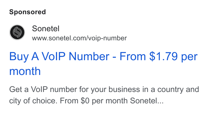 Sonetel ad on Google Ads: Buy A Vo IP Number - From $1.79 per month Get a Vo IP number for your business in a country and city of choice. From $0 per month Sonetel...