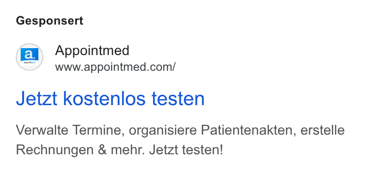 appointmed ad on Google Ads: Gesponsert Jetzt kostenlos testen Verwalte Termine, organisiere Patientenakten, erstelle Rechnungen & mehr. Jetzt testen!