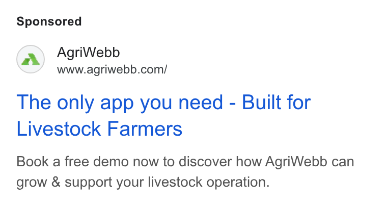 AgriWebb ad on Google Ads: The only app you need - Built for Livestock Farmers Book a free demo now to discover how Agri Webb can grow & support your livestock operation.