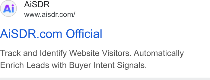 AiSDR ad on Google Ads: Ai SDR.com Official Track and Identify Website Visitors. Automatically Enrich Leads with Buyer Intent Signals.