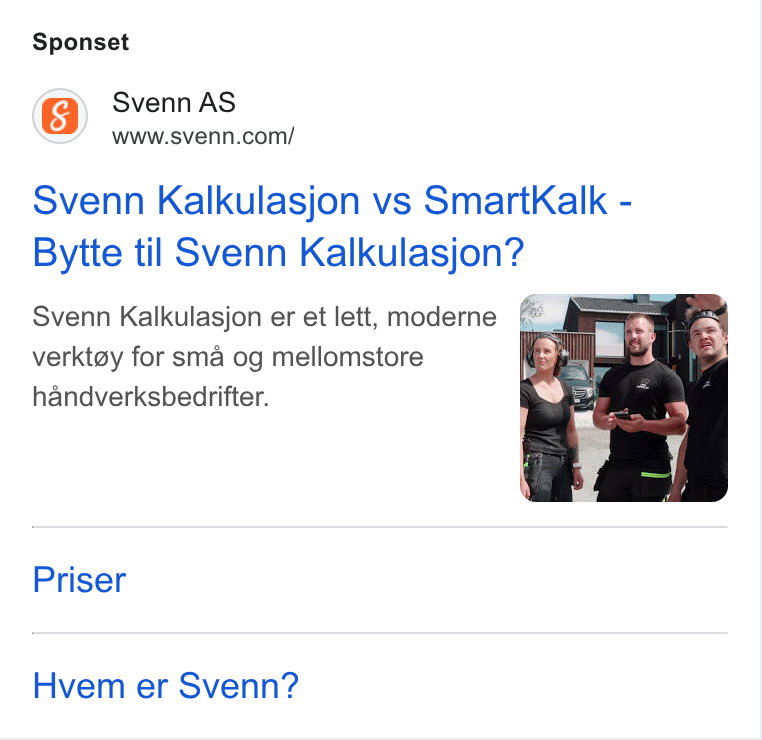Svenn ad on Google Ads: Sponset Svenn Kalkulasjon vs Smart Kalk - Bytte til Svenn Kalkulasjon? Svenn Kalkulasjon er et lett, moderne a verktay for sma og mellomstore handverksbedrifter. Priser Hvem er Svenn?