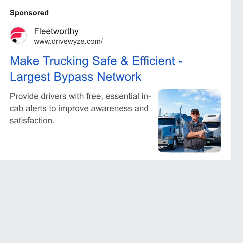 Bestpass ad on Google Ads: Make Trucking Safe & Efficient - Largest Bypass Network Provide drivers with free, essential in- : cab alerts to improve awareness and L satisfaction.