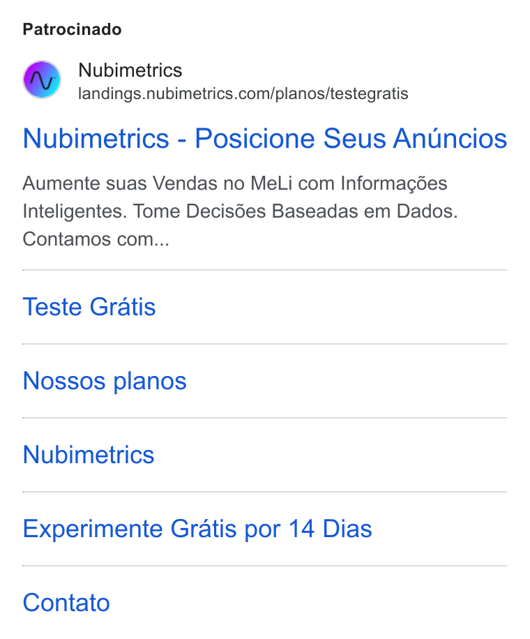 Nubimetrics ad on Google Ads: Patrocinado Nubimetrics - Posicione Seus Anuncios Aumente suas Vendas no Me Li com Informacgées Inteligentes. Tome Decis6es Baseadas em Dados. Contamos com... Teste Gratis Nossos planos Nubimetrics Experimente Gratis por 14 Dias Contato