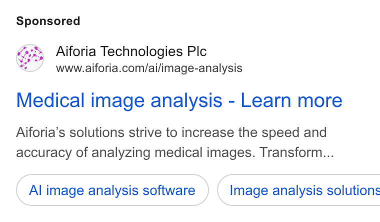 Aiforia ad on Google Ads: Medical image analysis - Learn more Aiforia’s solutions strive to increase the speed and accuracy of analyzing medical images. Transform... Al image analysis software ) ( Image analysis solutions