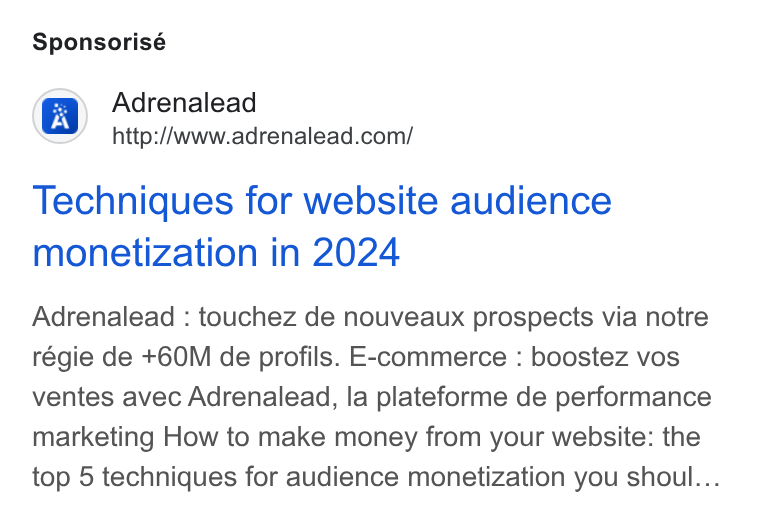 ADRENALEAD ad on Google Ads: Sponsorisé Techniques for website audience monetization in 2024 Adrenalead : touchez de nouveaux prospects via notre régie de +60M de profils. E-commerce : boostez vos ventes avec Adrenalead, la plateforme de performance marketing How to make money from your website: the top 5 techniques for audience monetization you shoul...
