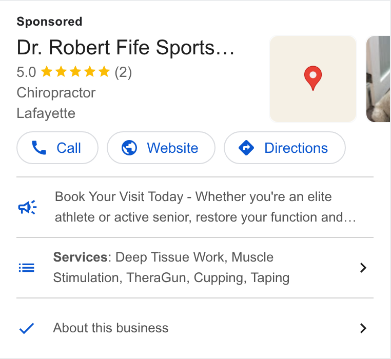 Acuity Scheduling ad on Google Ads: Dr. Robert Fife Sports... Chiropractor Lafayette Book Your Visit Today - Whether you're an elite athlete or active senior, restore your function and... a Services: Deep Tissue Work, Muscle Stimulation, Thera Gun, Cupping, Taping lll Vv About this business >