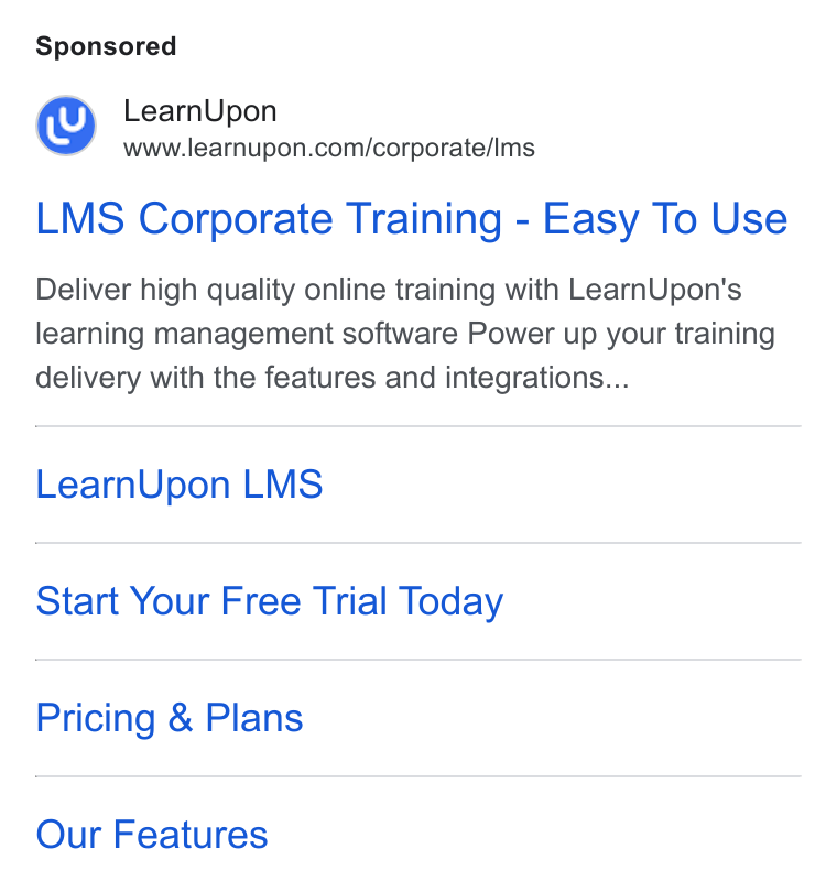 LearnUpon ad on Google Ads: LMS Corporate Training - Easy To Use Deliver high quality online training with Learn Upon's learning management software Power up your training delivery with the features and integrations... Learn Upon LMS Start Your Free Trial Today Pricing & Plans Our Features