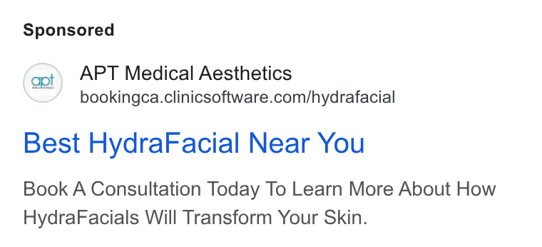 Clinic Software CRM ad on Google Ads: Best Hydra Facial Near You Book A Consultation Today To Learn More About How Hydra Facials Will Transform Your Skin.