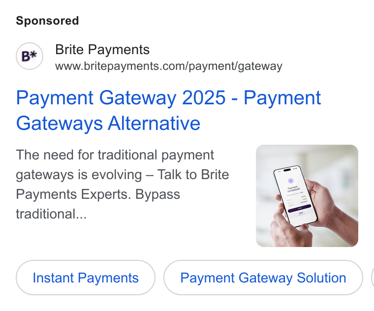 Brite Payments ad on Google Ads: Payment Gateway 2025 - Payment Gateways Alternative The need for traditional payment gateways is evolving — Talk to Brite Payments Experts. Bypass traditional... Instant Payments Payment Gateway Solution (