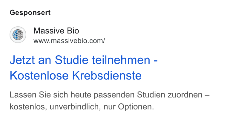 Massive Bio ad on Google Ads: Gesponsert Jetzt an Studie teilnehmen - Kostenlose Krebsdienste Lassen Sie sich heute passenden Studien zuordnen — kostenlos, unverbindlich, nur Optionen.