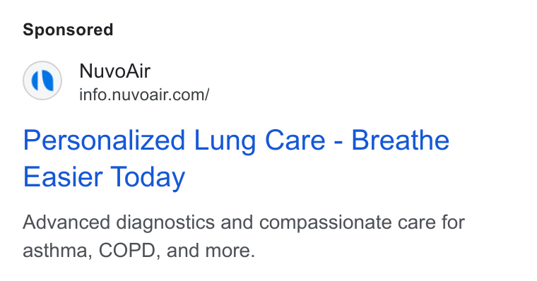 NuvoAir ad on Google Ads: Personalized Lung Care - Breathe Easier Today Advanced diagnostics and compassionate care for asthma, COPD, and more.