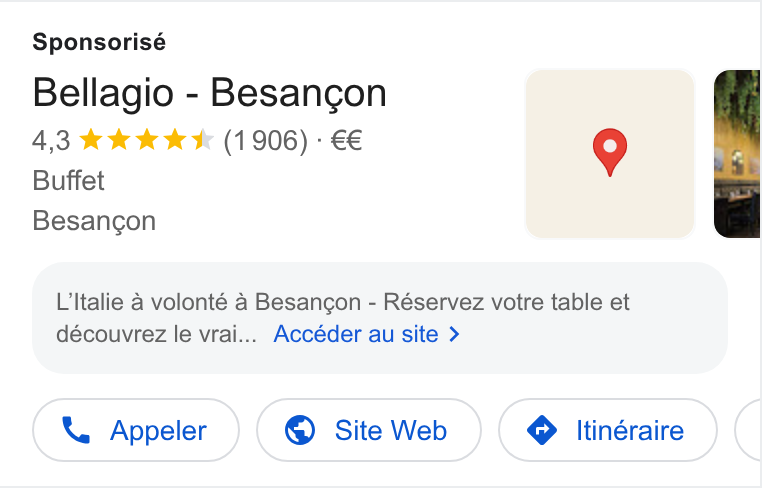 Zenchef ad on Google Ads: Sponsorisé | Bellagio - Besangon 4,3 tee eee (1906) - €€ Buffet Besancon L’Italie 4 volonté a Besancon - Réservez votre table et | découvrez le vrai... Accéder au site > Appeler © Site Web