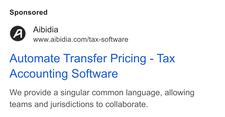 Aibidia ad on Google Ads: Automate Transfer Pricing - Tax Accounting Software We provide a singular common language, allowing teams and jurisdictions to collaborate.