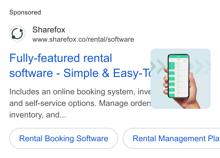SHAREFOX.CO ad on Google Ads: ruy-featured rental and self-service options. Manage order inventory, and... Rental Booking Software }( Rental Management Pla