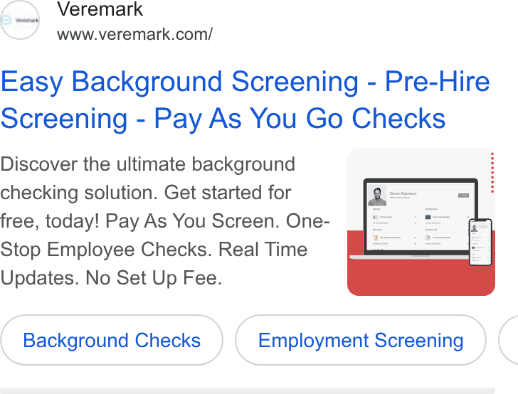 Veremark ad on Google Ads: Easy Background Screening - Pre-Hire Screening - Pay As You Go Checks Discover the ultimate background 4 checking solution. Get started for free, today! Pay As You Screen. One- Stop Employee Checks. Real Time Updates. No Set Up Fee. Background Checks Employment Screening <