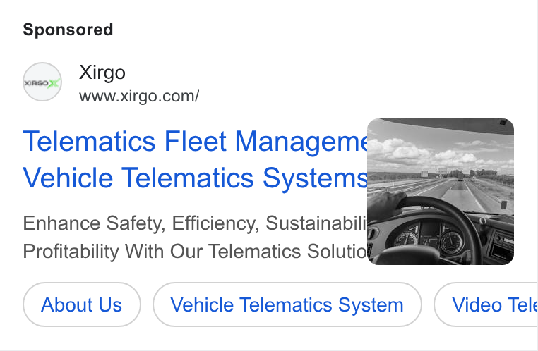 Xirgo Technologies ad on Google Ads: About Us Vehicle Telematics System Video Tele