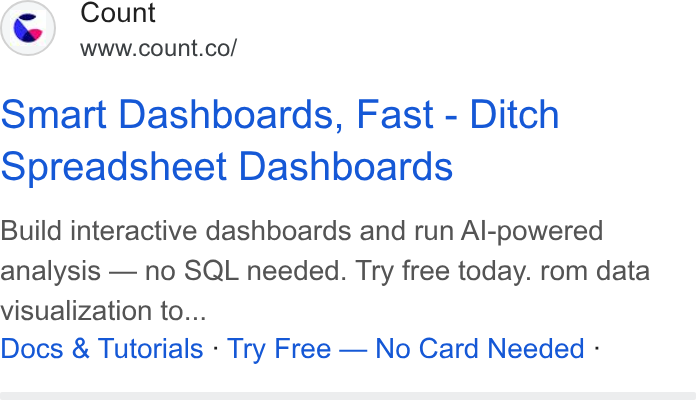 Count ad on Google Ads: Smart Dashboards, Fast - Ditch Spreadsheet Dashboards Build interactive dashboards and run Al-powered analysis — no SQL needed. Try free today. rom data visualization to... Docs & Tutorials - Try Free — No Card Needed -