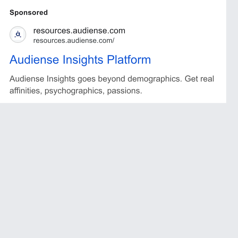 Audiense ad on Google Ads: resources.audiense.com/ Audiense Insights Platform Audiense Insights goes beyond demographics. Get real affinities, psychographics, passions.