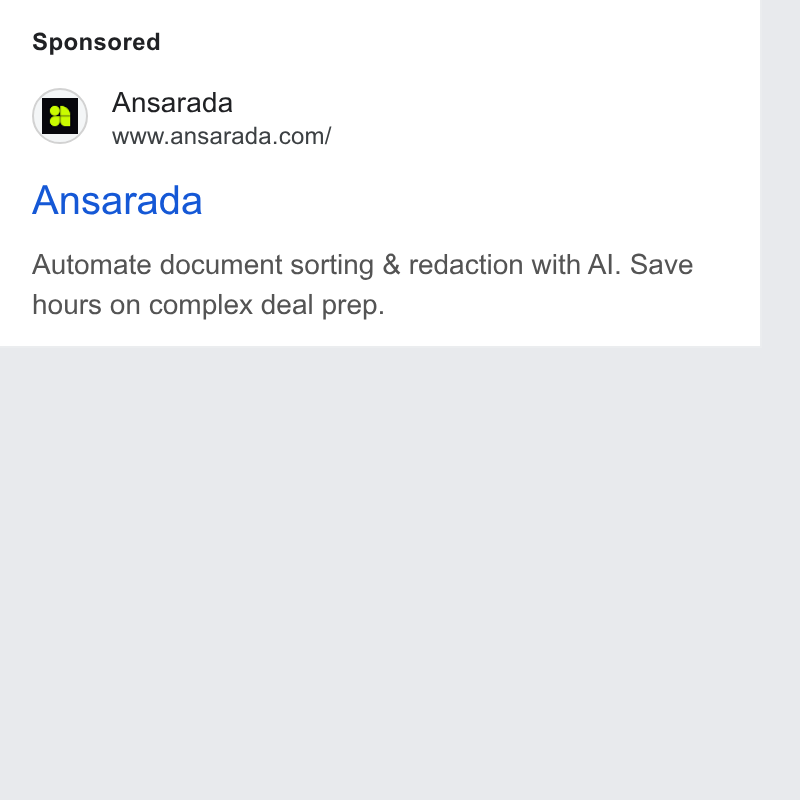 Ansarada ad on Google Ads: Ansarada Automate document sorting & redaction with Al. Save hours on complex deal prep.