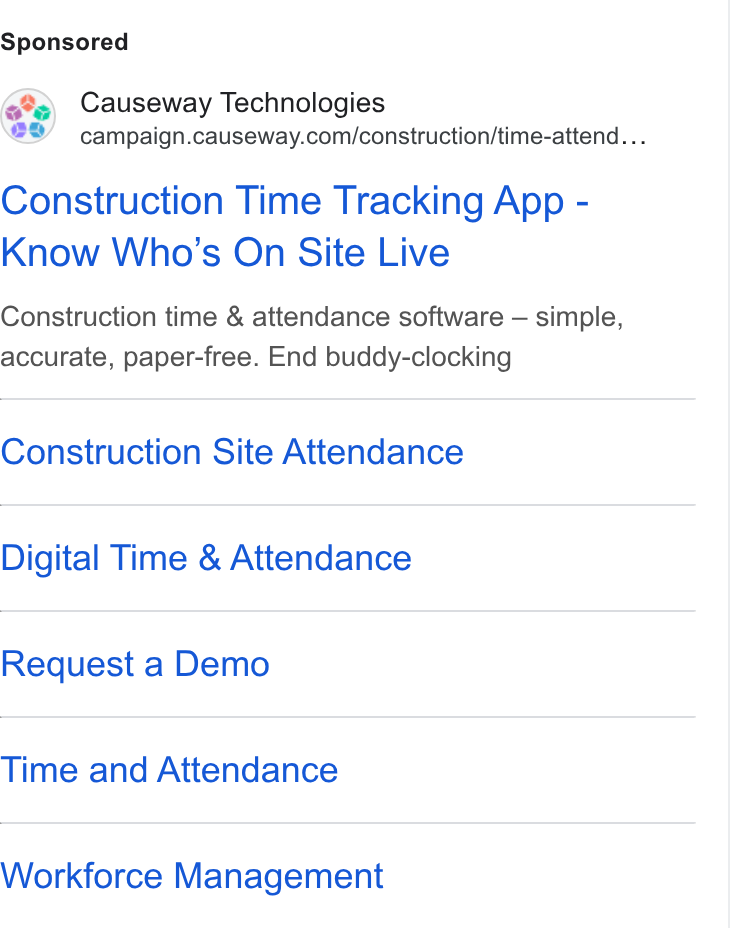 Causeway Technologies ad on Google Ads: Construction Time Tracking App - Know Who’s On Site Live Construction time & attendance software — simple, accurate, paper-free. End buddy-clocking Construction Site Attendance Digital Time & Attendance Request a Demo Time and Attendance Workforce Management