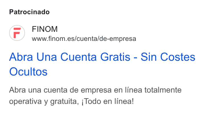 Finom ad on Google Ads: Patrocinado Abra Una Cuenta Gratis - Sin Costes Ocultos Abra una cuenta de empresa en linea totalmente operativa y gratuita, j Todo en linea!