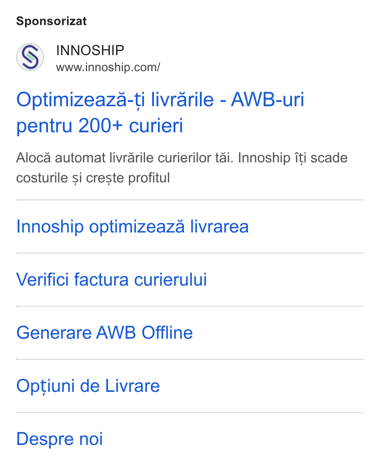 Innoship ad on Google Ads: Sponsorizat Optimizeaza-ti livrarile - AWB-uri pentru 200+ curieri Aloca automat livrarile curierilor tai. Innoship iti scade costurile si creste profitul Innoship optimizeaza livrarea Verifici factura curierului Generare AWB Offline Optiuni de Livrare Despre noi