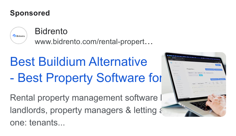 Bidrento ad on Google Ads: Best Buildium Alternative | Best Property Software for \ Rental property management software < landlords, property managers & letting —_—S * one: tenants...