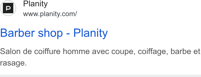 Planity ad on Google Ads: Barber shop - Planity Salon de coiffure homme avec coupe, coiffage, barbe et rasage.
