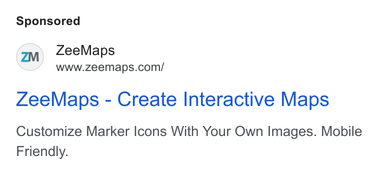 ZeeMaps ad on Google Ads: Zee Maps - Create Interactive Maps Customize Marker Icons With Your Own Images. Mobile Friendly.
