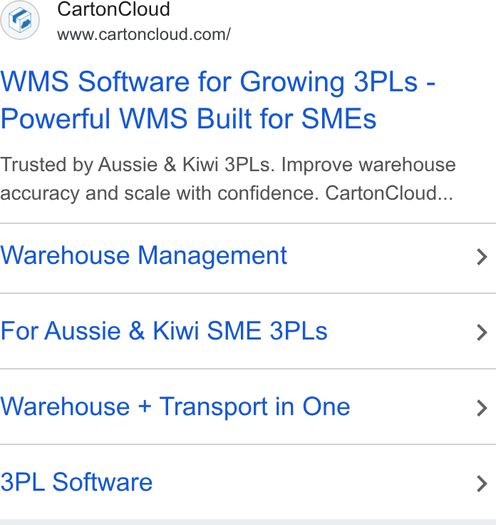 CartonCloud ad on Google Ads: WMS Software for Growing 3PLs - Powerful WMS Built for SMEs Trusted by Aussie & Kiwi 3PLs. Improve warehouse accuracy and scale with confidence. Carton Cloud... Warehouse Management > For Aussie & Kiwi SME 3PLs > Warehouse + Transport in One > 3PL Software >