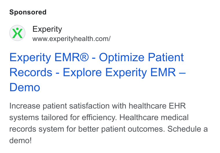 Experity ad on Google Ads: Experity EMR® - Optimize Patient Records - Explore Experity EMR — Demo Increase patient satisfaction with healthcare EHR systems tailored for efficiency. Healthcare medical records system for better patient outcomes. Schedule a demo!