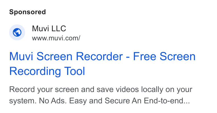 Muvi.com ad on Google Ads: Muvi Screen Recorder - Free Screen Recording Tool Record your screen and save videos locally on your system. No Ads. Easy and Secure An End-to-end...