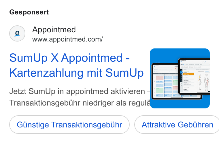 appointmed ad on Google Ads: Gesponsert Sum Up X Appointmed - Kartenzahlung mit Sum Up Jetzt Sum Up in appointmed aktivieren Transaktionsgebiihr niedriger als regula Ginstige Transaktionsgebihr }) ( Attraktive Gebiihren