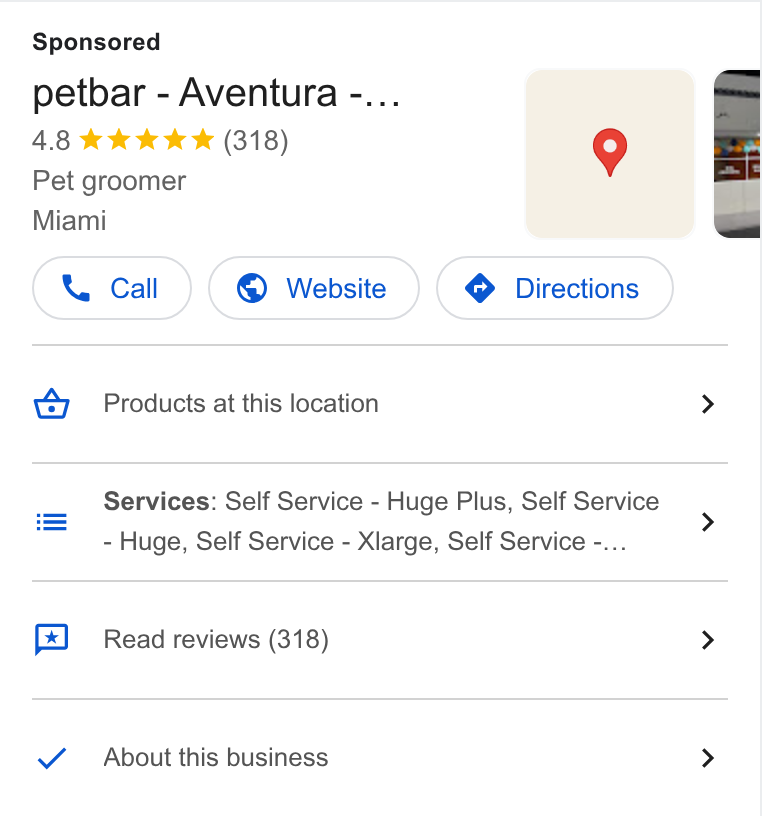 MyTime ad on Google Ads: petbar - Aventura -... Pet groomer Miami Products at this location Services: Self Service - Huge Plus, Self Service Huge, Self Service - Xlarge, Self Service -... Read reviews (318) About this business is Call )( @ Website } ( @ Directions } oe