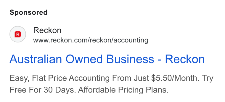 Reckon ad on Google Ads: Australian Owned Business - Reckon Easy, Flat Price Accounting From Just $5.50/Month. Try Free For 30 Days. Affordable Pricing Plans.