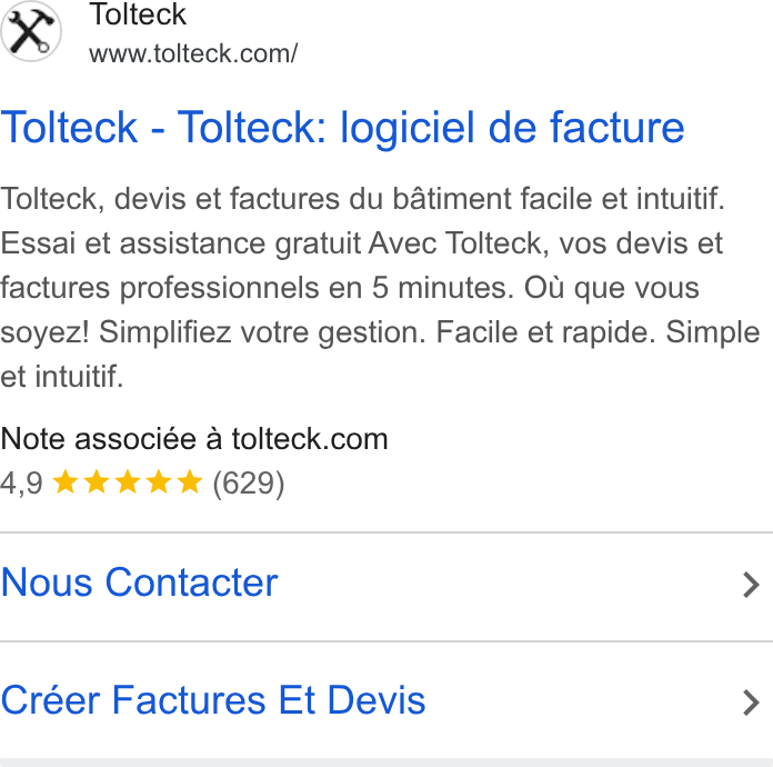 Tolteck ad on Google Ads: Tolteck - Tolteck: logiciel de facture Tolteck, devis et factures du batiment facile et intuitif. Essai et assistance gratuit Avec Tolteck, vos devis et factures professionnels en 5 minutes. OU que vous soyez! Simplifiez votre gestion. Facile et rapide. Simple et intuitif. Note associée a tolteck.com Nous Contacter > Créer Factures Et Devis >