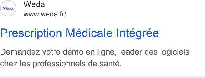 Weda ad on Google Ads: Prescription Medicale Integree Demandez votre demo en ligne, leader des logiciels chez les professionnels de sante.