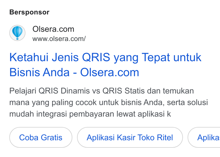 Olsera ad on Google Ads: www.olsera.com/ Ketahui Jenis QRIS yang Tepat untuk Bisnis Anda-Olsera.com Pelajari QRIS Dinamis vs QRIS Statis dan temukan mana yang paling cocok untuk bisnis Anda, serta solusi mudah integrasi pembayaran lewat aplikasi k Coba Gratis Aplikasi Kasir Toko Ritel } ( Aplika