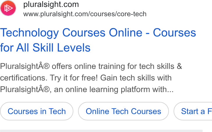 Pluralsight ad on Google Ads: www.pluralsight.com/courses/core-tech Technology Courses Online - Courses for All Skill Levels Pluralsight A® offers online training for tech skills & certifications. Try it for free! Gain tech skills with Pluralsight A®, an online learning platform with... Online Tech Courses } ( Starta F