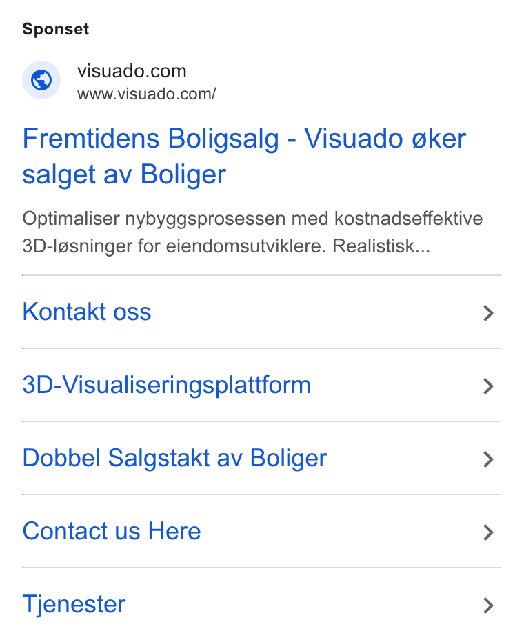 Visuado ad on Google Ads: www.visuado.com/ Fremtidens Boligsalg - Visuado @ker salget av Boliger Optimaliser nybyggsprosessen med kostnadseffektive 3D-lesninger for eiendomsutviklere. Realistisk... Kontakt oss 3D-Visualiseringsplattform Dobbel Salgstakt av Boliger Contact us Here Tjenester